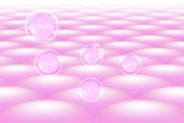 玻尿酸发肤液广告，粉红色胶原蛋白血清滴在皮肤细胞与化妆品广告背景准备使用，插图向量。图片下载