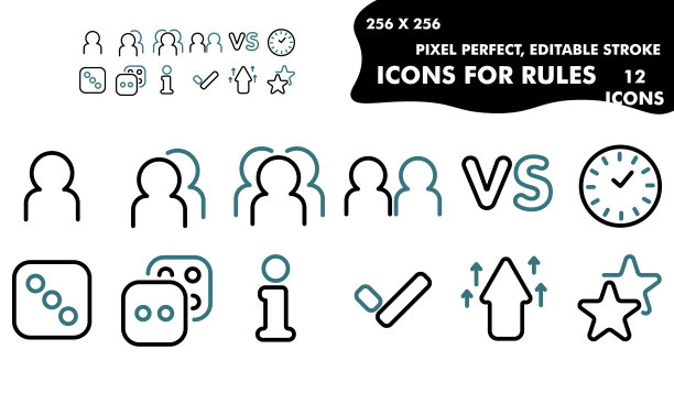 棋盘(而不只是游戏)规则的线性图标。两种颜色图标的线条。256x256像素完美，可编辑的描边，12块。图片下载