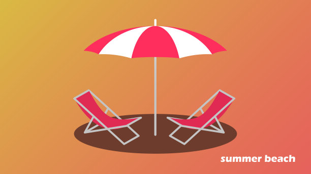 夏日沙滩上红白相间的伞和折叠式躺椅图片下载