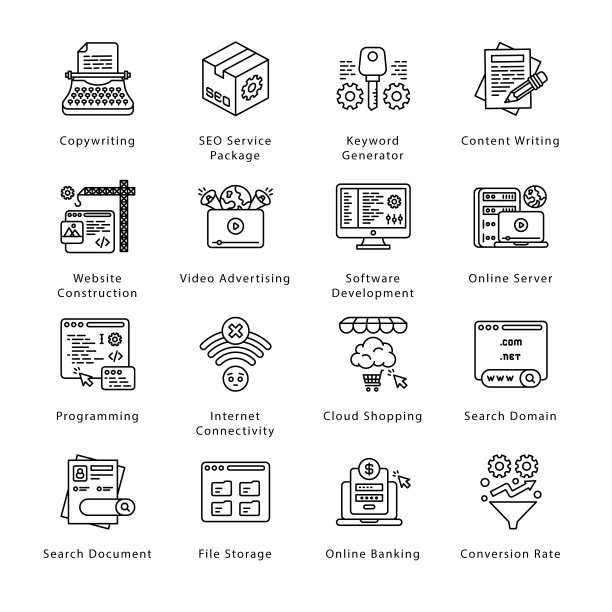 SEO、开发和营销轮廓图标 - 描边矢量图图片下载