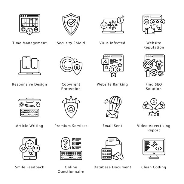 SEO、开发和营销轮廓图标 - 描边矢量图图片下载