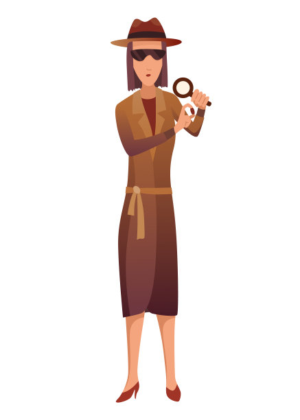 女性私家侦探或督察调查犯罪并寻找证据。侦探人物采用放大镜卡通平画风。戴着帽子和外套的调查员破案图片下载