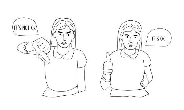 满意的女孩举起她的大拇指，然后放下。表示赞成或不赞成的手势一个人的积极和消极情绪。喜欢和不喜欢。矢量线的艺术图片下载