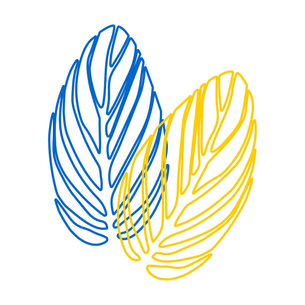 叶子在蓝色和黄色轮廓在白色背景孤立。向量。图片下载