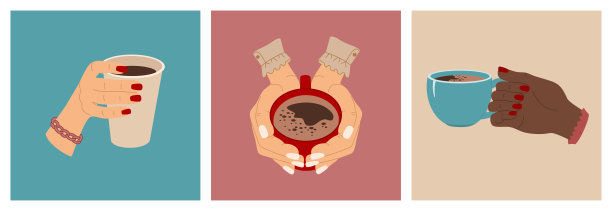 一组女人的手拿着不同的咖啡杯。图片下载