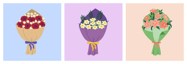 套装三个美丽的花束包装。图片下载