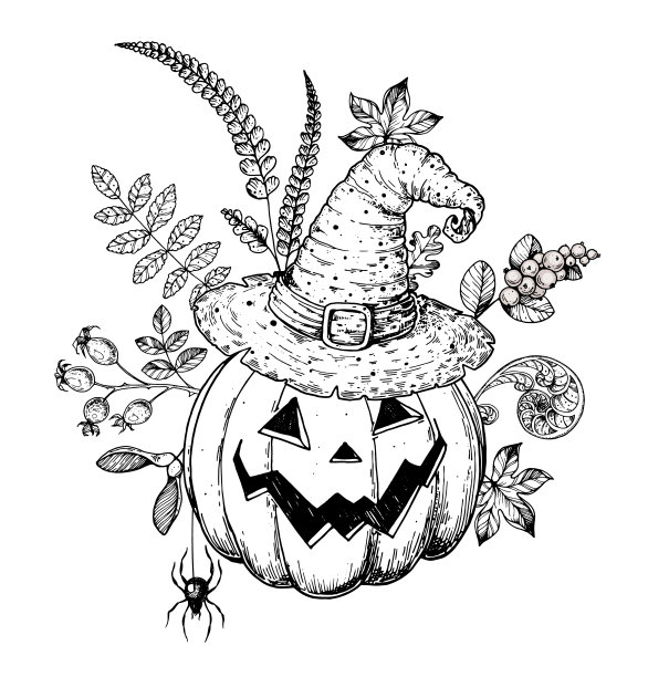 万圣节南瓜和女巫帽子素描。有南瓜和秋叶的万圣节花束。手绘矢量插图。杰克灯。为节日万圣节设计。图片下载