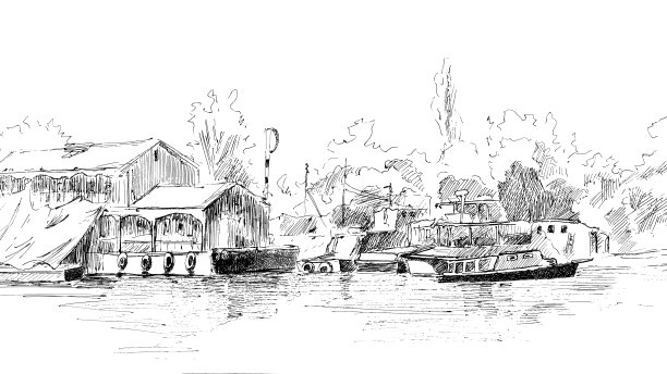 白纸笔画“水上船岸码头全景”图片下载