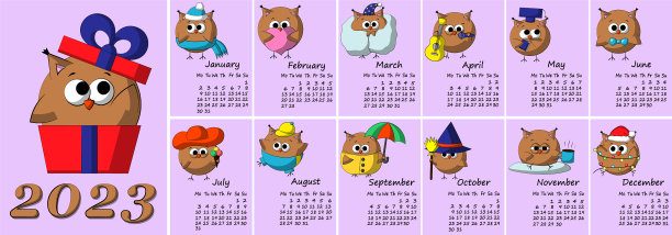 2023年的日历上有可爱的情人猫头鹰图片下载