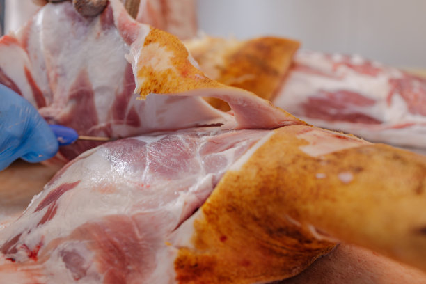 食品工业肉类加工的特写，一名工人切生猪肉，肉制品的概念图片下载