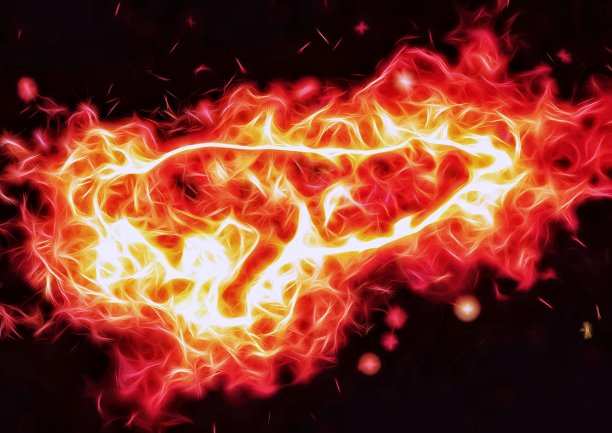 一条狗在燃烧的火焰中奔跑的剪影图图片下载