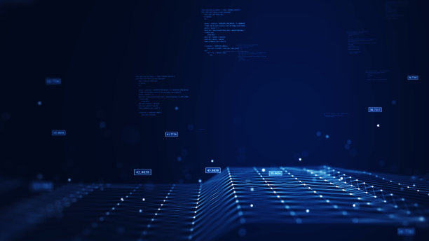 网络安全数字信息技术概念。在深蓝色背景上连接的多边形二进制代码。图片下载