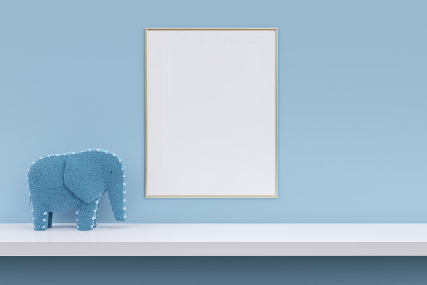 蓝色墙壁背景上有大象模型的模型相框。3 d渲染插图。图片下载