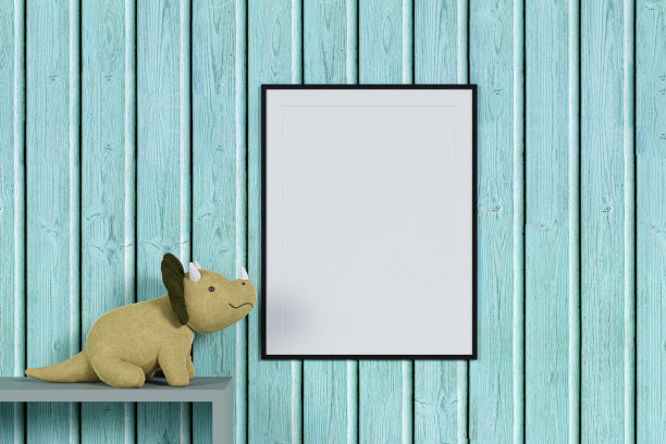 蓝色墙壁背景上有恐龙模型的模型相框。3 d渲染插图。图片下载