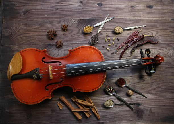 静物与小提琴和各种香料勺子在棕色的木制背景图片下载
