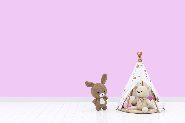 3d渲染插图的儿童房间与玩帐篷和填充玩具动物。图片下载
