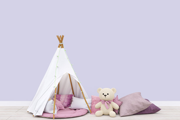 3d渲染插图的儿童游戏室与玩的tee和填充玩具动物。图片下载