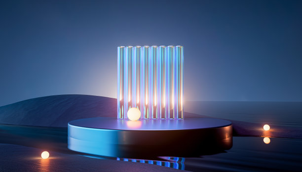 3d渲染圆形平台上的水与玻璃墙板。最小景观模型的产品展示横幅在蓝色霓虹灯颜色。现代促销模型。几何背景与空白。图片下载