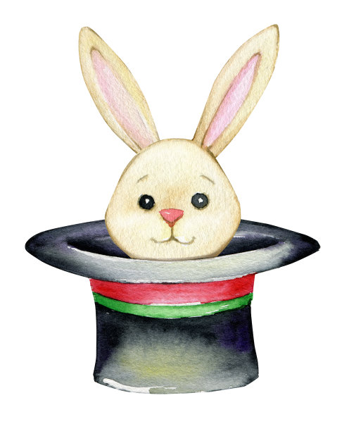 可爱的兔子，藏在帽子里，水彩插图，在一个马戏团，主题，水彩，动物，在一个卡通风格。图片下载