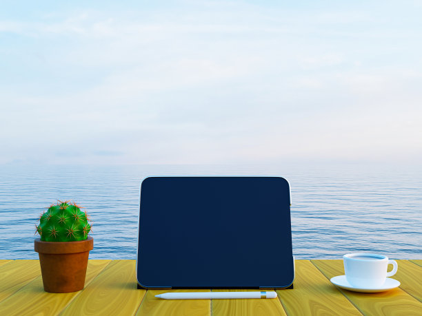 3d现实户外工作空间。滨水场所。平板、仙人掌和咖啡杯，以河边为背景。3 d渲染插图。图片下载