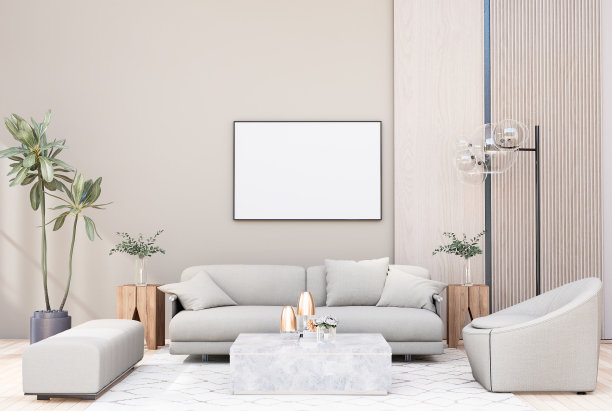 模拟海报框架在现代室内家具齐全的房间背景，客厅，斯堪的纳维亚风格图片下载