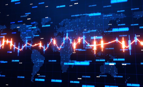 带有世界地图背景的霓虹灯股票市场图。商业，经济，金融服务和石油，天然气行业报告概念3D渲染插图图片下载