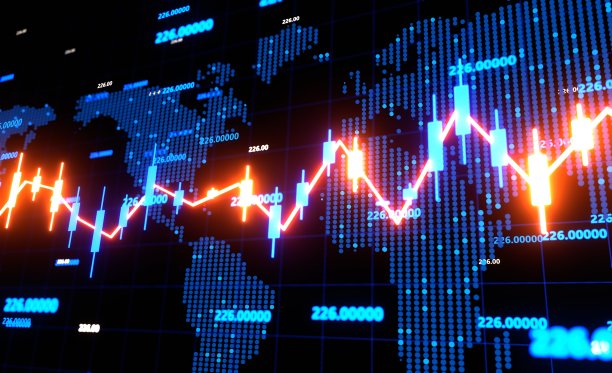 带有世界地图背景的霓虹灯股票市场图。商业，经济，金融服务和石油，天然气行业报告概念3D渲染插图图片下载