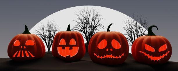 四个万圣节南瓜的特写，在一个可怕的死人之夜。图片下载