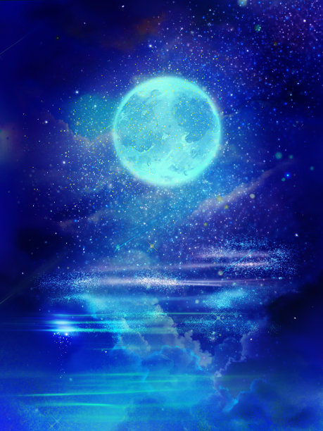 满月在五彩缤纷的空间中闪耀，美丽的云海和星星在水面上反射图片下载