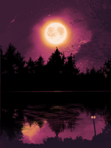 神秘的深森林夜景和闪耀的满月倒映在湖面上的梦幻背景插图图片下载