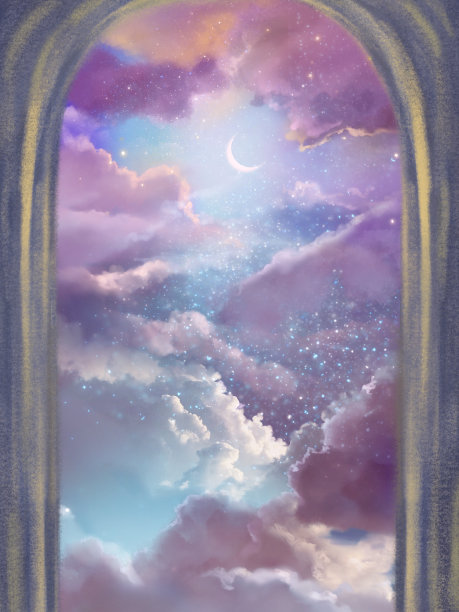 在一个神秘的石门和一个美丽的彩虹云海和星星之外，一个新月在一个彩色的空间里闪耀的梦幻插图图片下载