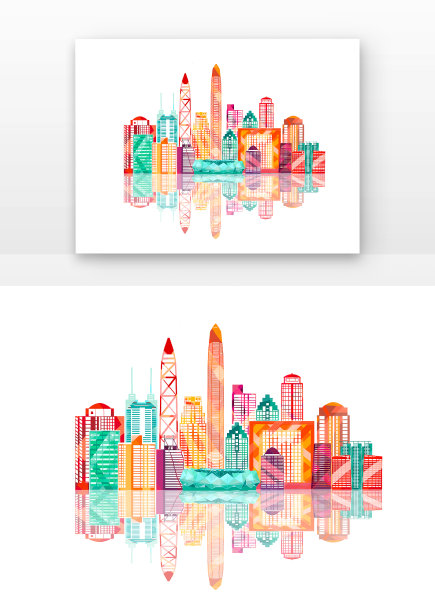 炫彩彩色渐变深圳地标城市建筑剪影线条矢量图片下载