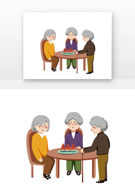 卡通老人重阳节在一起吃西瓜图片下载