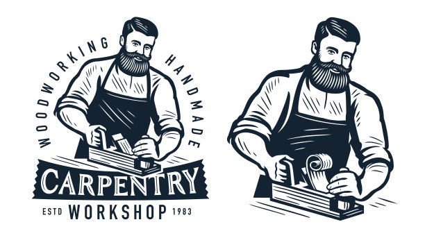 木匠用刨刀，木工制作木纹章。细木工，木制品，木工徽章或符号向量图片下载