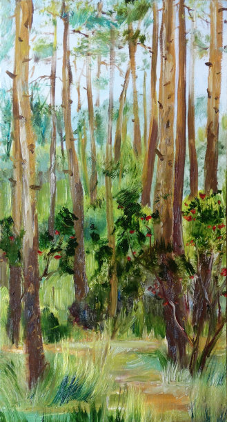 夏季森林景观配松树，油画。图片下载