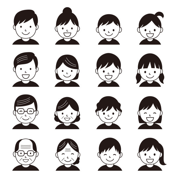一套黑色和白色的家庭面孔图标图片下载
