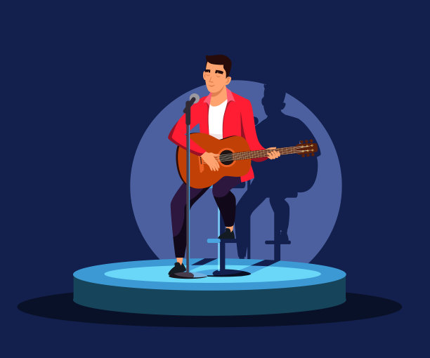 一名男子在聚光灯下弹吉他图片下载