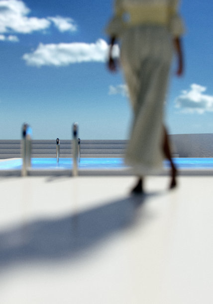 在一个阳光明媚的日子里，一个穿着白色连衣裙的女人走在池塘边。3 d渲染。图片下载