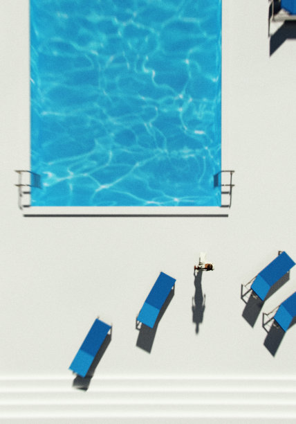 一个阳光明媚的日子里，池塘边的女人。鸟瞰图。3 d渲染。图片下载