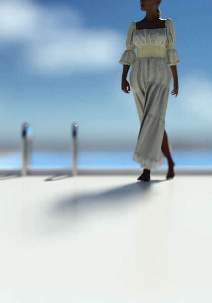 一个阳光明媚的日子里，身穿白裙的金发女子在池塘边散步。3 d渲染。图片下载