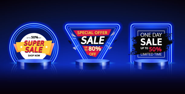 蓝色霓虹灯销售横幅设置图片下载