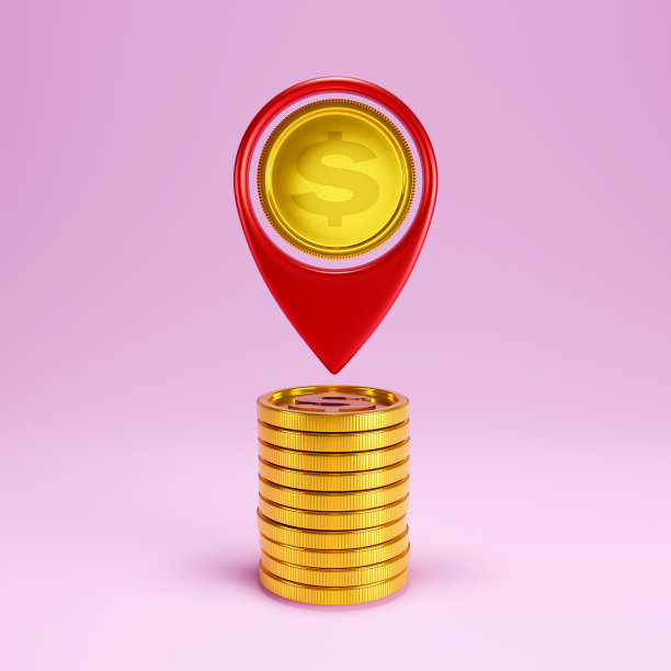 3d渲染位置大头针与美元硬币标记在一个黄金硬币，金钱成功的象征图片下载