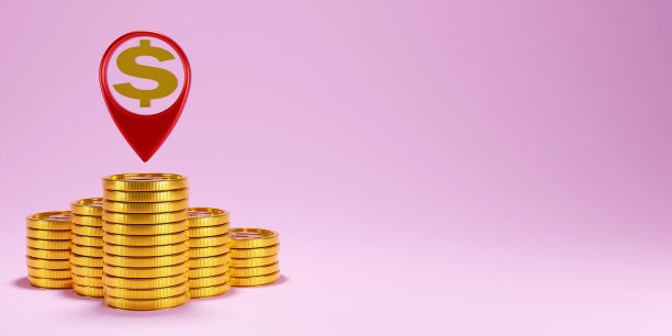 3d渲染定位大头针与美元符号标记在一个黄金硬币，金钱成功的象征图片下载