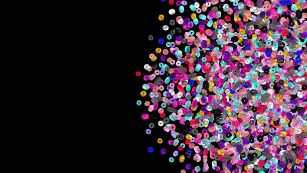 珠子的背景。时尚配件。手工工艺。玻璃珠俯视图。亮片。堆的宝石。莱茵石。现实的例子。3 d渲染。珠宝。图片下载