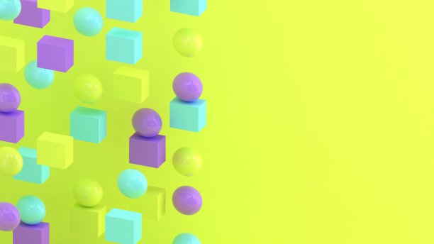 三维立方体和球体背景。抽象的壁纸。飞行几何形状。时尚现代的插图。3 d渲染。落下的方块和球。彩色的海报的背景。最小的风格。图片下载