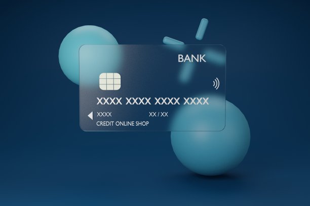 清除信用卡与浮球在蓝色背景。超市夜未眠和银行业,省钱。网上转账。模拟空白的屏幕拷贝空间。3 d渲染插图。图片下载