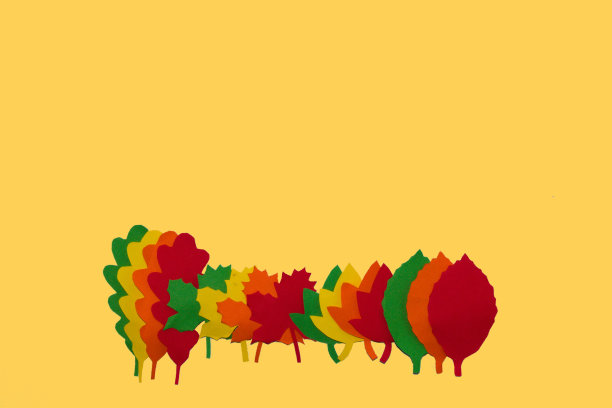 线性排列的彩色秋叶底部时髦的黄色背景，创意艺术秋季设计图片下载