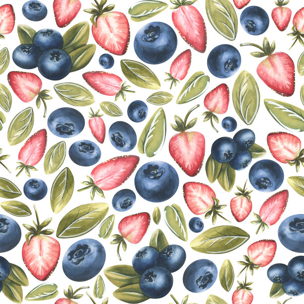 白色背景的草莓，蓝莓和树叶。水彩插图。从一套大的糖果无缝图案。用于织物，厨房用纺织品，墙纸，包装纸，菜单。图片下载
