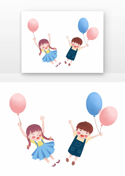 粉蓝色扁平儿童拉着气球出去玩儿图片下载