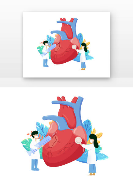 扁平风心脏和医生创意组合插画元素图片下载